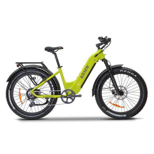 Green KASEN Ranger ST 1000W step-thru electric bike with 26x4 fat tires, designed as a beach cruiser eBike.
