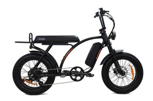Black Kasen Kabbit Classic eBike side view, showcasing step-through frame, front basket, and rear rack against a white background.
