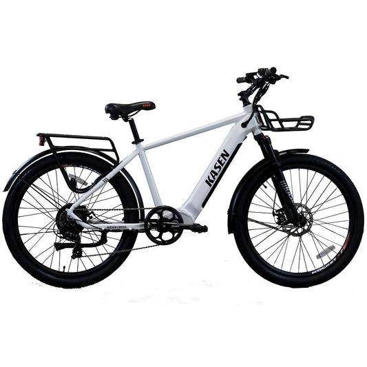 White Kasen Cross eBike packaged inside a cardboard shipping box, showing the bike securely packed for delivery.