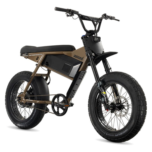 Juiced Scrambler Hardtail electric bike in mocha color with a single battery, side view on a white background
