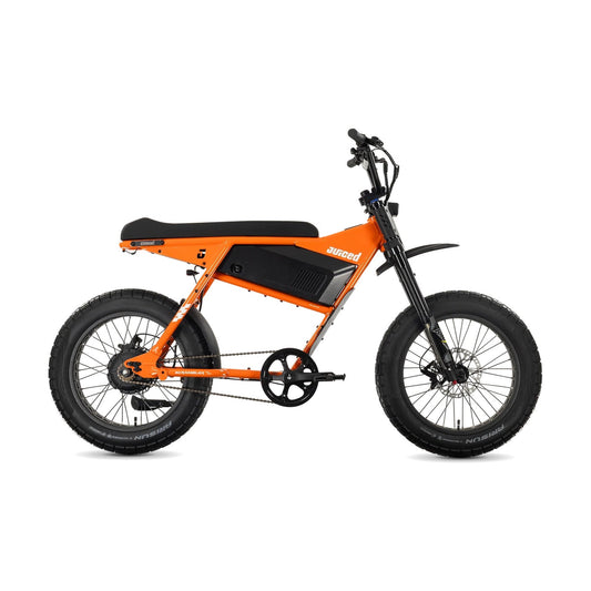 Orange Juiced Scrambler Hardtail electric bike with single battery, side view, on white background