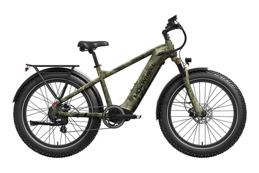 Mokwheel Basalt 2.0 Step Over eBike in Jungle Camo color, side view, against a plain background