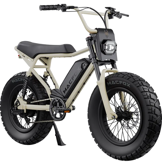 A sleek Macfox X2 Pro electric bike with a sturdy frame, large tires, and modern design, shown in an outdoor setting.