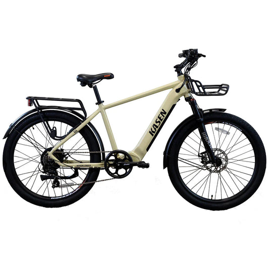 Sand-colored KASEN Cross 500W Step Over eBike with 27.5x2.4 urban tires, designed for city commuting.