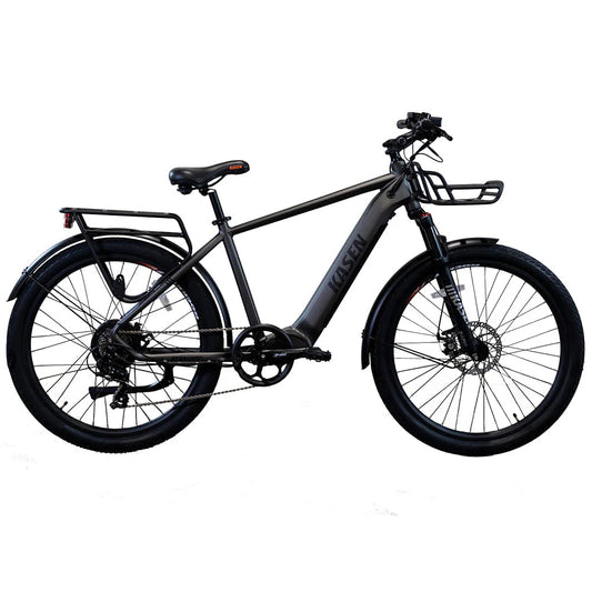 Space gray KASEN Cross 500W Step Over urban electric bike with 27.5x2.4 tires, side view