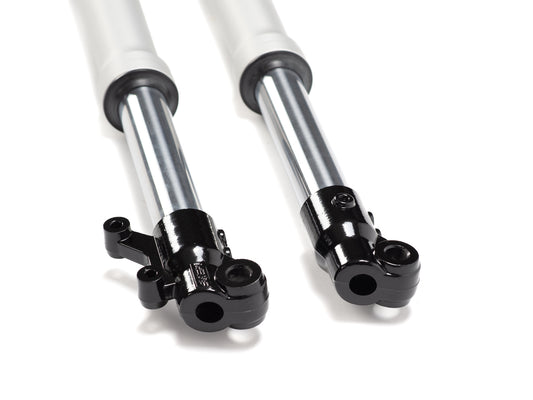 Stomp Ebox V2 600mm USD fork, close-up side view showing suspension details and branding.
