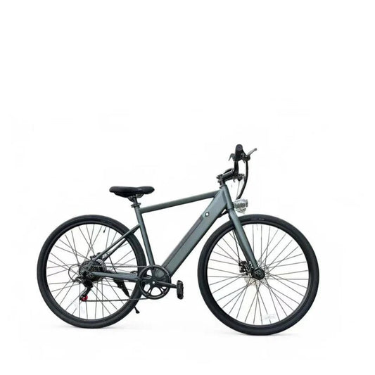 Side view of the FREEGO E7 Electric Town eBike, step-over frame, 250w motor, commuter style, black color, displayed on a white background.