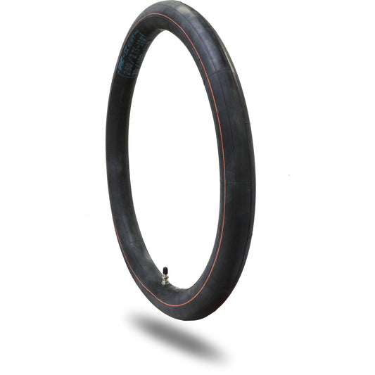Heavy duty IRC 100-90-19 motorcycle inner tube displayed against a white background, showing the tube's circular shape and valve stem.