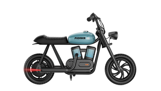 Blue eMOTO Hyper Gogo Pioneer 12 Plus electric bike without training wheels, side view, product image
