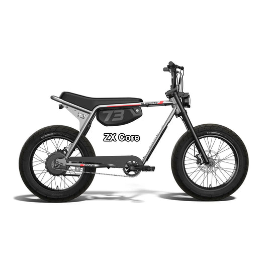 Super73 ZX Core eMOTO eBike in metallic aluminum color, shown in its original box, unopened and packaged.