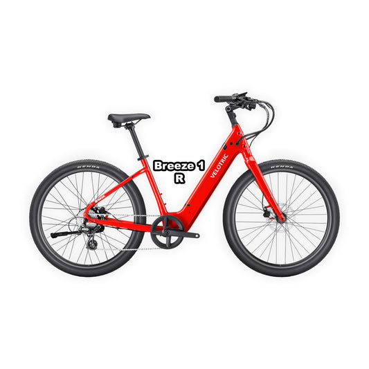 Velotric Breeze 1 eBike in Classic Scarlet color, regular frame, shown in box with packaging, product image, UPC 850060178764