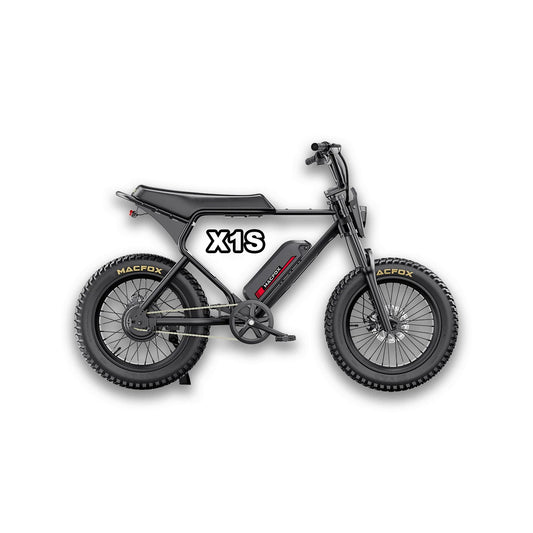 Black Macfox X1S eBike with single battery, shown in box, product image, SKU 810206240090