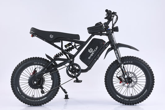 A black Ghostcat F4X Hunter eBike displayed against a dark background, showcasing its rugged frame, thick tires, and modern design features.