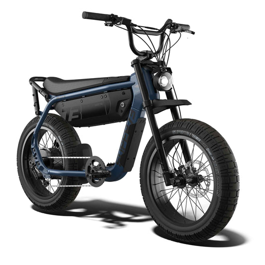 Super73 M1D Core eBike in Slate color shown inside its original packaging box, with accessories and components neatly arranged.