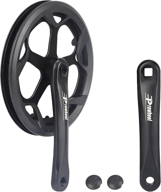 A close-up view of a Prowheel bicycle crankset, featuring polished aluminum crank arms and a multi-speed chainring, mounted on a bike frame.