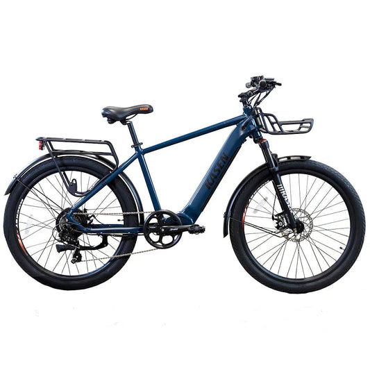 Blue Kasen Cross eBike packaged inside a cardboard shipping box, product partially visible.