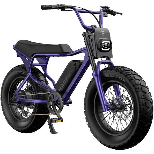 Macfox X7 electric moto-style eBike in Nebula Purple, X7 trim, single battery