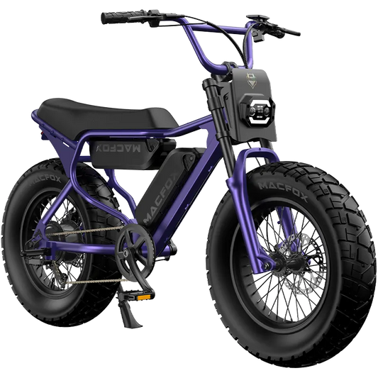 Macfox X7 electric moto-style eBike in Nebula Purple, X7 trim, dual battery