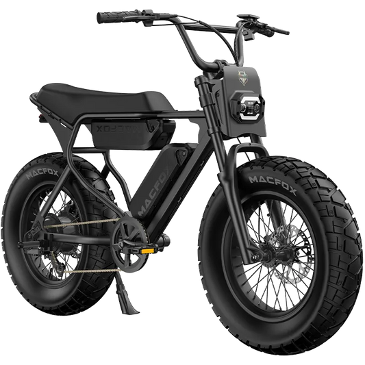 Macfox X7 electric moto-style eBike in Black, X7L trim, dual battery