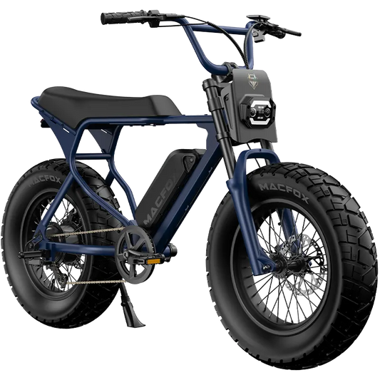 Macfox X7 electric moto-style eBike in Navy Blue, X7L trim, single battery