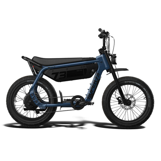 Super73 M1D Core eMOTO eBike in Slate color, shown in its original packaging inside the box