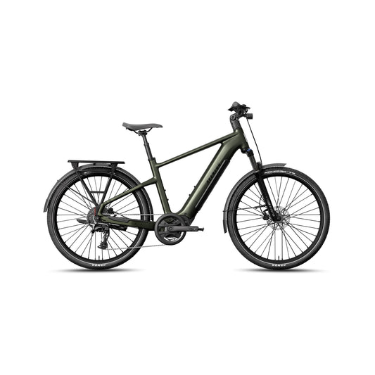 Aventon Level 4 ADV electric bike in step-over frame, camouflage color, side view against a plain background.