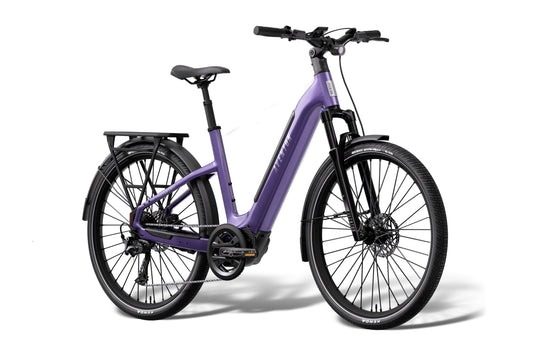 Aventon Level 4 ADV Step-Thru electric bike in Haze color, side view, showcasing frame design and integrated battery