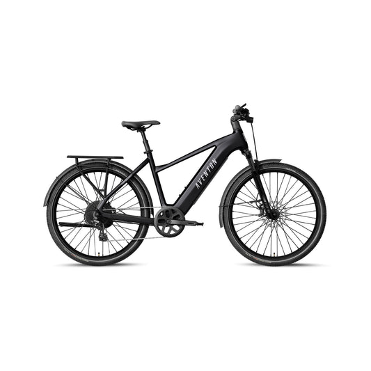 Aventon Level 4 REC electric bike, step-over frame, matte black color, side view on a white background