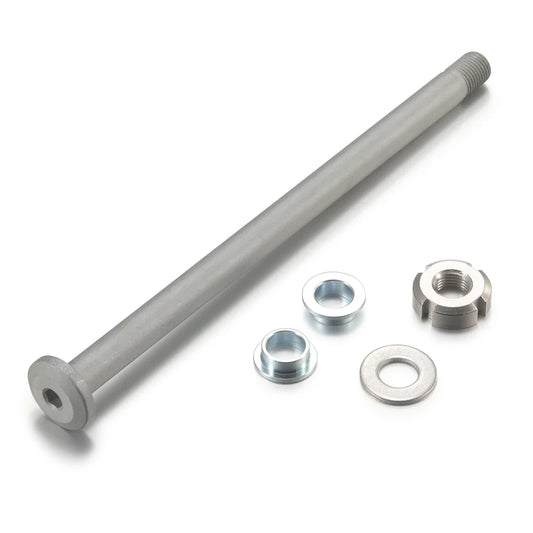Eride Pro M12 Jackshaft Axle displayed on a white background, showing the full length of the metal axle with threaded ends and precision-machined features.