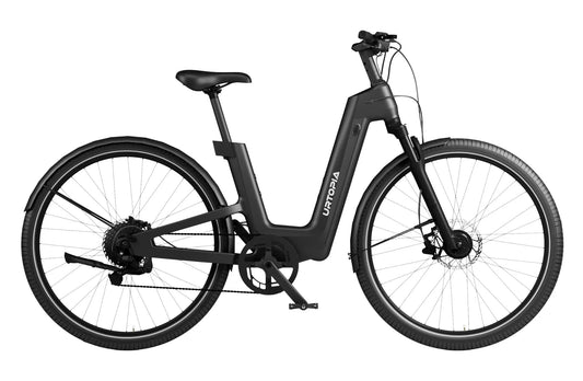 eBike Urtopia Fusion GT in Blazing Black color, shown in its box with packaging, product image labeled "In Box Black 318123"