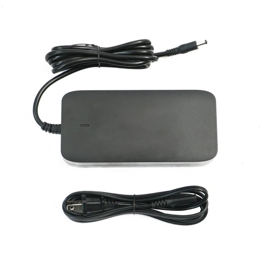 Eunorau 48V 3A fast charger with black rectangular body, cooling vents, power indicator light, and attached power cables, displayed on a white background.