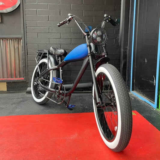 Custom Cheetah Plus Blue Bell Edition Electric Fat Tire eBike – 750W Retro Style by REVI - Cheetah Cafe Racer - CHEEATH|CUSTOM|BLUEBELL|0772 eBike Super Shop