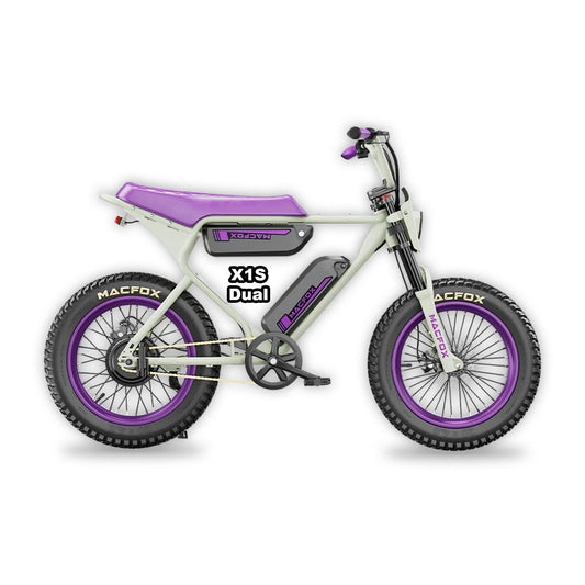 Purple Macfox X1S X BS.ZAY electric moto-style step-over e-bike with dual battery, 500W motor, and mini fat tires, shown from the side.