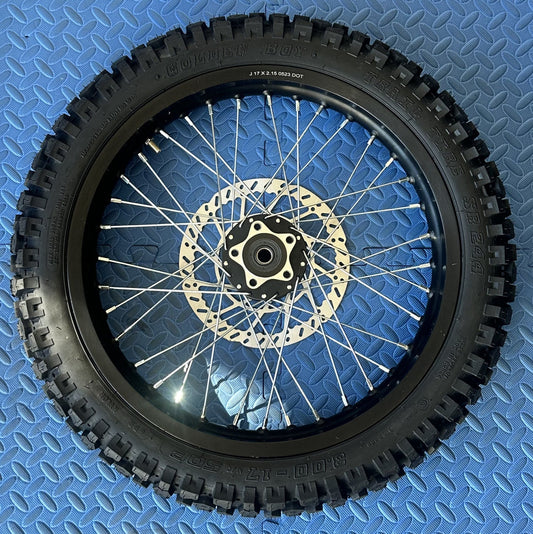 eMoto Shinko 244 Dual Sport 17" rear wheel and tire set for eMoto bikes, designed for superior traction and durability, offering exceptional performance on both off-road trails and on-road surfaces for a smooth, reliable ride.