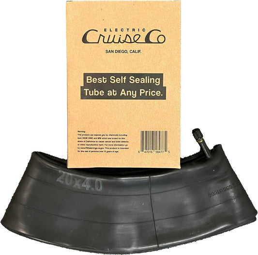 Product image of a single pack 20x4 fat tire self-sealing bicycle tube for eBikes, featuring a Schrader valve and heavy-duty construction.
