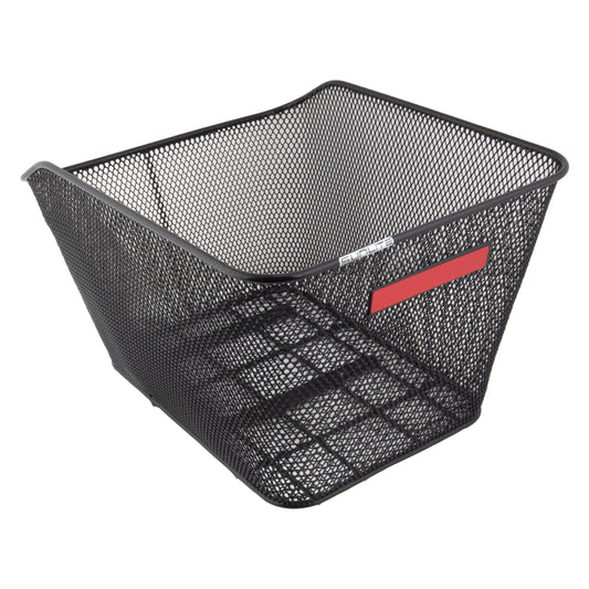 Black metal mesh basket mounted on top of an eBike rear rack, shown from a side angle against a white background.