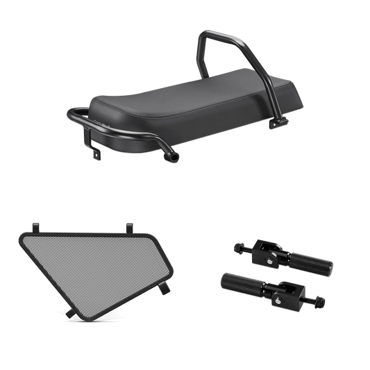 Velotric GoMad Passenger Kit for eBike, including rear seat cushion, foot pegs, and mounting hardware displayed on a white background.