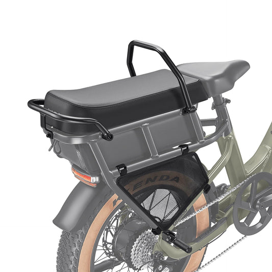 Velotric GoMad Passenger Kit components displayed, including rear seat cushion, foot pegs, and mounting hardware, arranged on a white background.