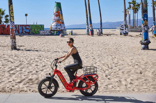 A black CYKE Collie Cargo electric cargo eBike with 48v 750w motor and mini fat tires, shown from the side with a sturdy rear cargo rack.