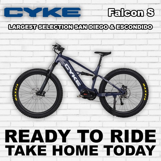 Dark blue Cyke Falcon S electric bike, side view, against a plain background