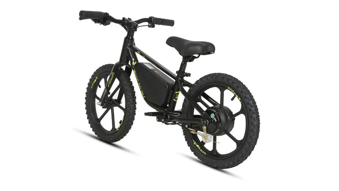 Eunorau EKIDS 16 electric micro ebike, 180W motor, 16x2 road tires, side view, black frame, product image