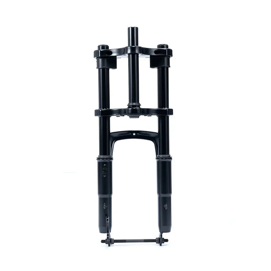 Front view of the Macfox M16 eBike fork, showcasing its suspension design and black finish against a plain background.