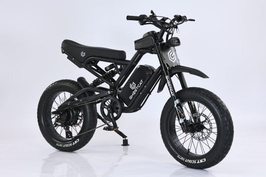 Black electric eBike Ghostcat F3X.2, side view, with thick tires and minimalist frame design, set against a dark background.