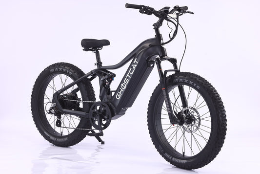 Black eBike Ghostcat Saber S1 side view, showcasing sleek frame design and thick tires