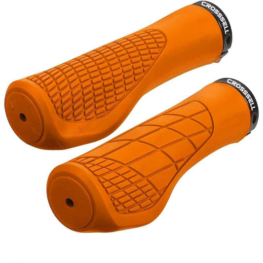 Bright orange eBike handlebar grips with textured surface, shown on a white background.
