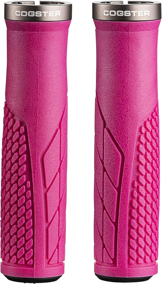 Pink eBike handlebar grips with textured surface, displayed side by side on a white background.