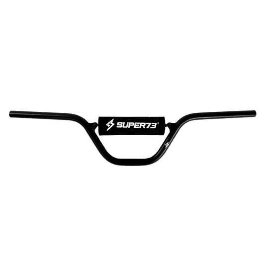 Black Super73 Tracker Mid Rise eBike handlebar displayed against a white background, showing its curved design and mounting area.