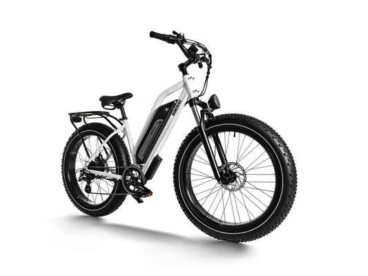White Himiway C3 Cruiser Step-Thru eBike, side view, showcasing frame design and wheels