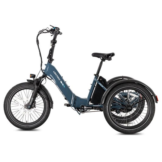 Lectric XP Trike2 electric tricycle in Dusk Blue, left side view