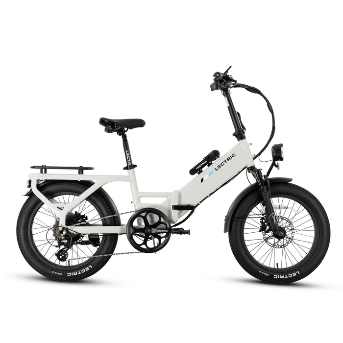 Stratus White LECTRIC XP4 750W Step-Through eBike, side view, against a plain background
